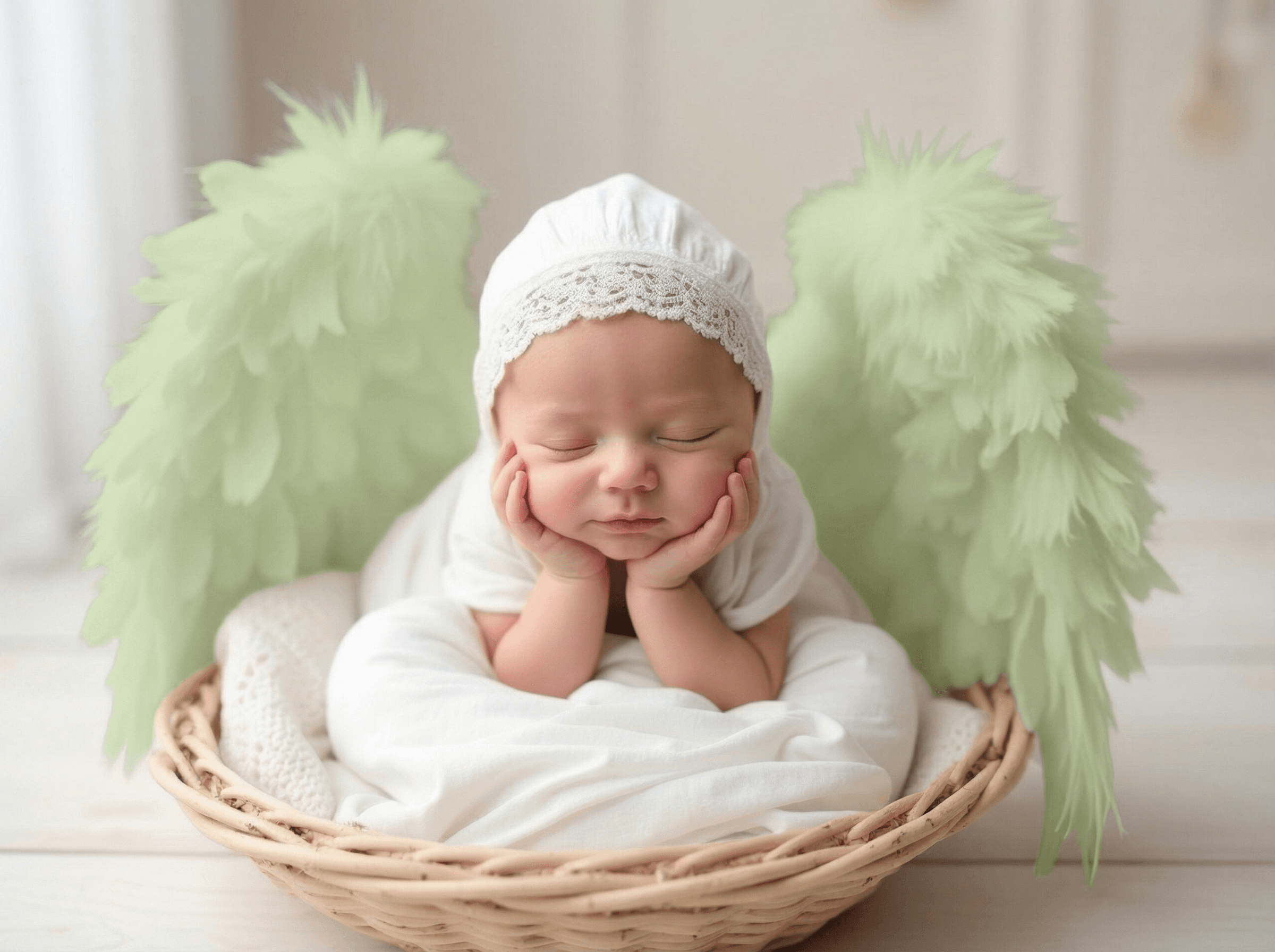 Angel Born AI で制作した、鶯色の羽のニューボーンフォト